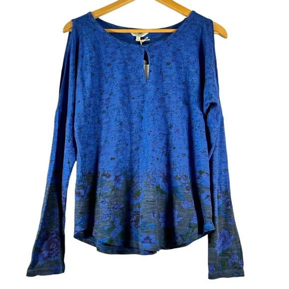 NWT Lucky Brand Women's Cotton Slit Sleeve Keyhole Floral Blue Top - Picture 1 of 8